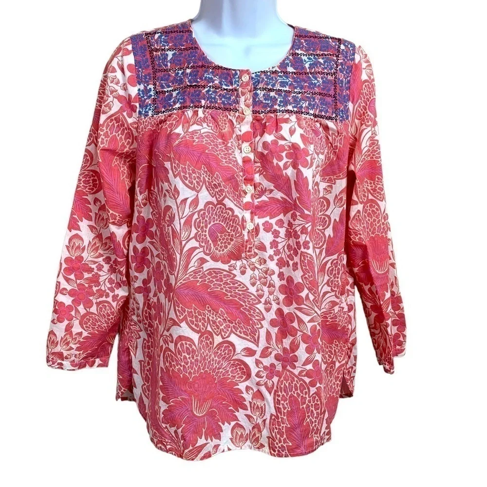 XS J Crew White Pink Floral Embroidered Pullover Top Long Sleeve Extra Small 0 2